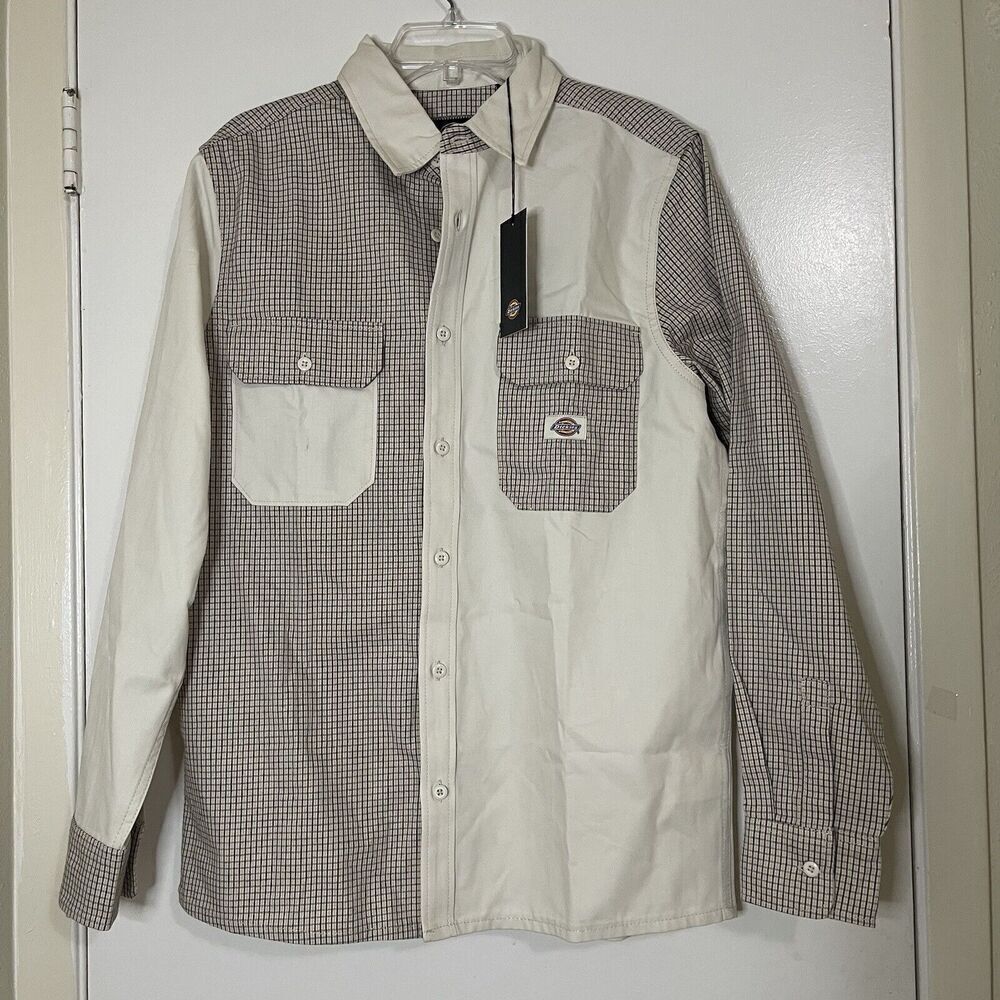 NEW! DICKIES Long sleeve plaid khaki tan button down heavy weight shirt medium